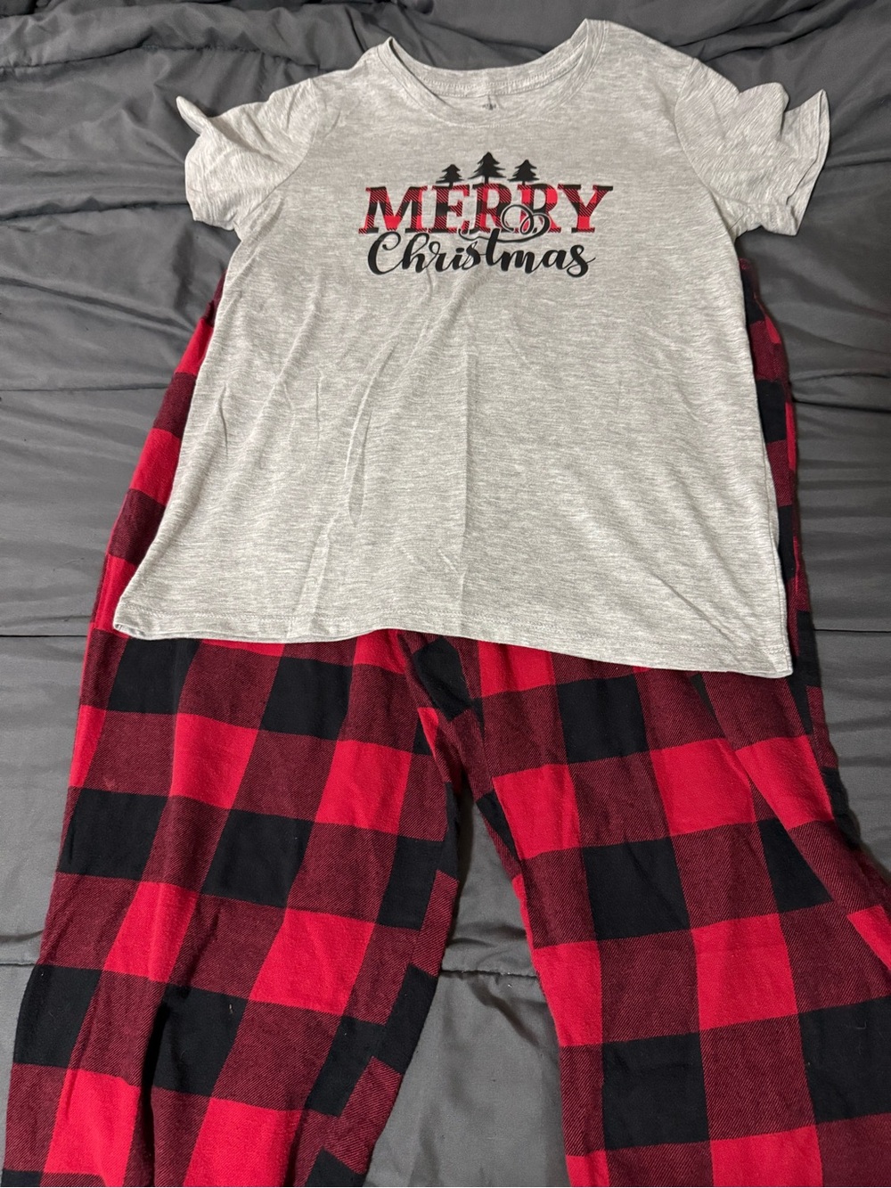 Merry Christmas Grey Top & Red Buffalo Plaid Pajama Set